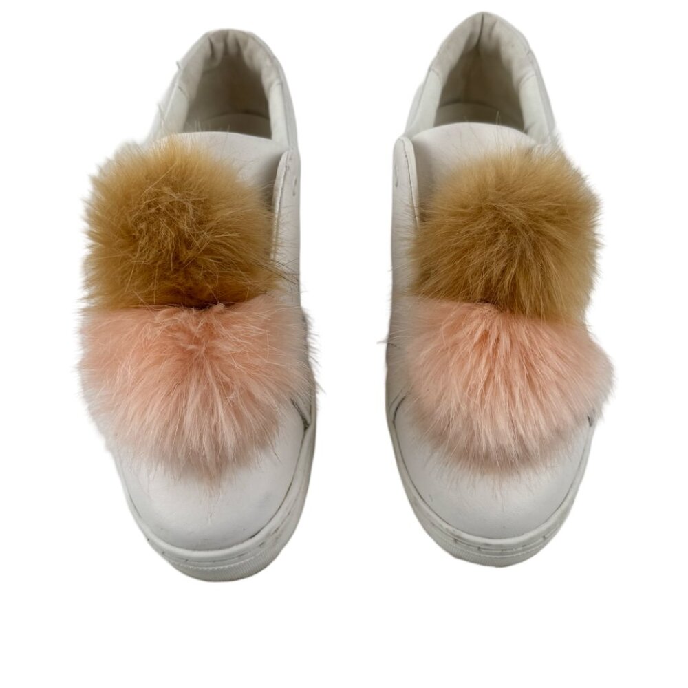 Sam Edelman White Leather Tan Blush Faux Fur Pom Pom Sneaker Shoes Size 9M - Picture 2 of 5
